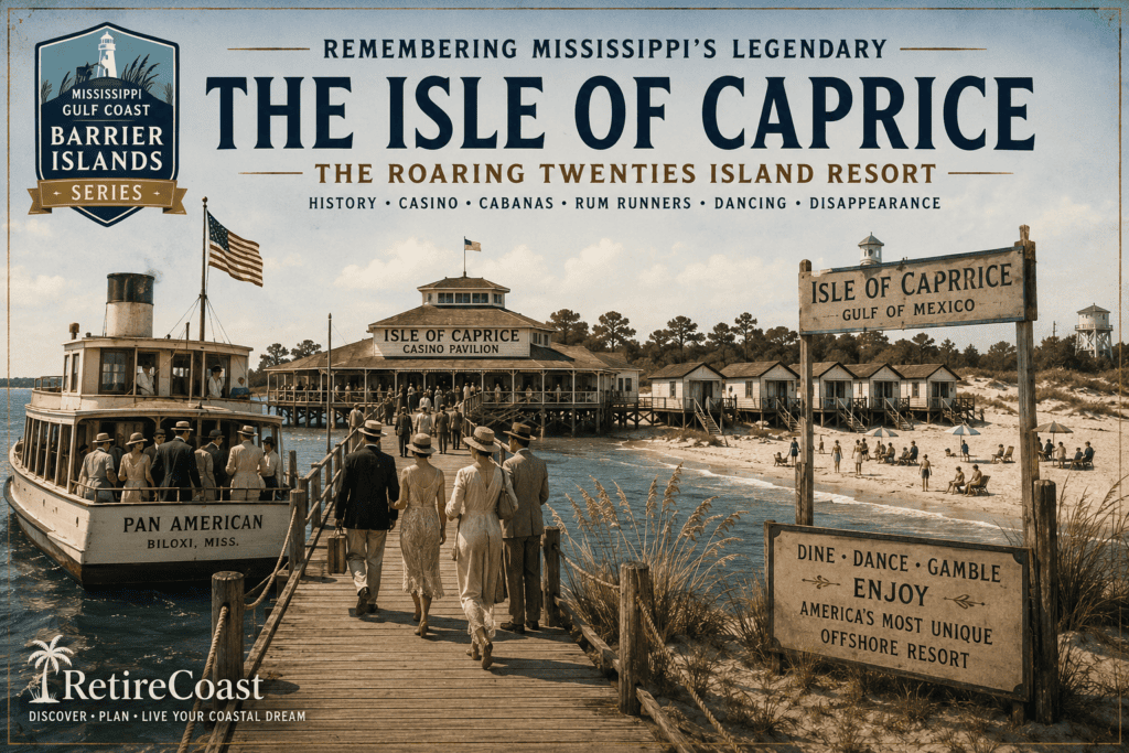 Branded RetireCoast hero image illustrating the Isle of Caprice during its Roaring Twenties heyday. The scene depicts the Pan American ferry arriving at the island's long pier, visitors in 1920s attire walking toward the Isle of Caprice Casino Pavilion, elevated beach cabanas lining the dunes, and the Mississippi Gulf Coast Barrier Islands series badge. The historical reconstruction highlights the island's reputation for dining, dancing, gambling, and seaside recreation during the Prohibition era.