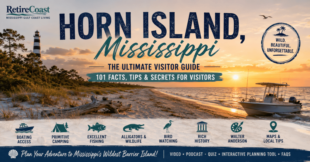 RetireCoast hero banner for the Horn Island, Mississippi Ultimate Visitor Guide featuring a sunset beach, lighthouse, boat on the shoreline, and highlights including boating access, primitive camping, fishing, alligators and wildlife, bird watching, Walter Anderson, island history, maps, and local visitor tips.