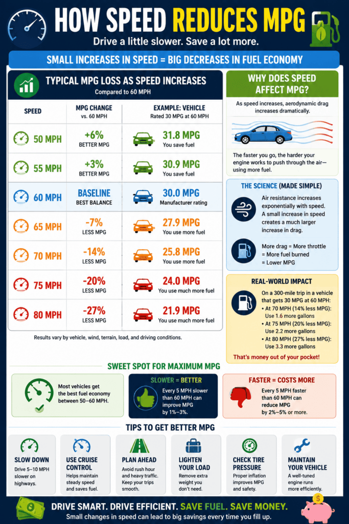 Infographic titled "How Speed Reduces MPG" illustrating how increasing highway speed lowers fuel economy because of increased aerodynamic drag. The infographic compares estimated miles per gallon at speeds ranging from 50 to 80 MPH, explains why wind resistance rises rapidly as speed increases, provides a real-world fuel consumption example, identifies the fuel-efficiency "sweet spot" for many vehicles, and includes practical tips such as slowing down, using cruise control, planning trips, maintaining proper tire pressure, reducing vehicle weight, and keeping the vehicle well maintained.
