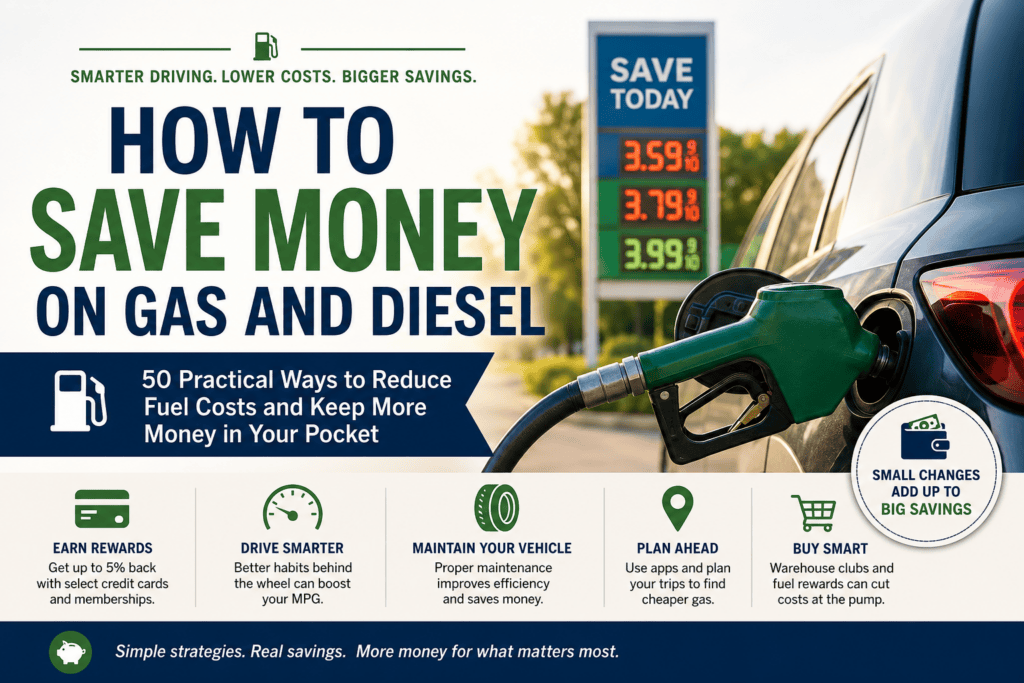 Hero image for How to Save Money on Gas and Diesel showing a vehicle refueling at a gas station with illustrations highlighting fuel rewards, credit card savings, efficient driving, vehicle maintenance, trip planning, and other practical ways to reduce gasoline and diesel costs.