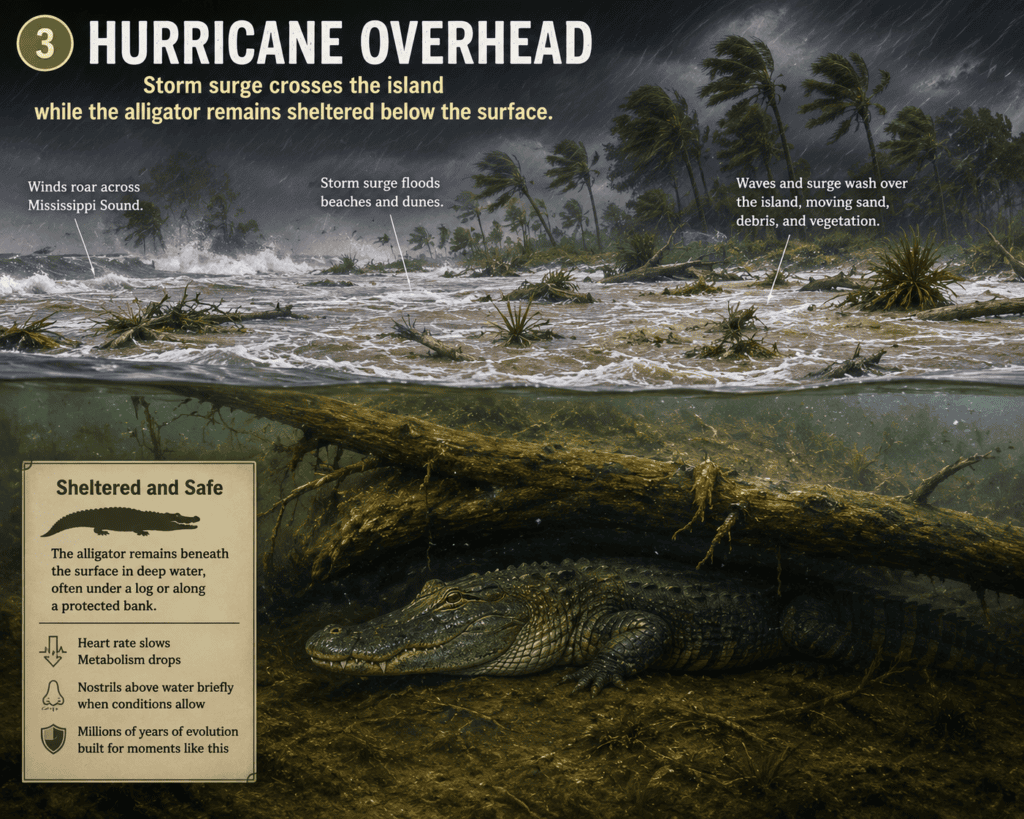 image of hurricane overhead with alligator under the water