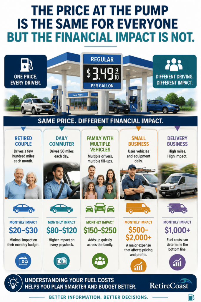 nfographic illustrating that while every driver pays the same price per gallon at the gas station, the financial impact varies widely between retirees, daily commuters, families with multiple vehicles, small businesses, and delivery fleets based on their fuel usage.