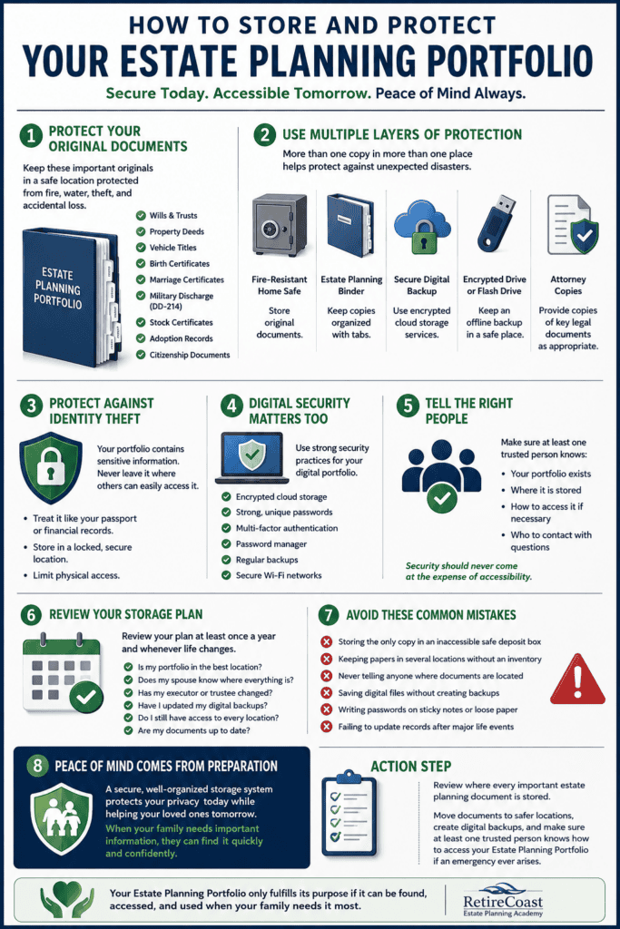 Vertical RetireCoast infographic explaining how to securely store and protect an Estate Planning Portfolio, including safeguarding original documents, creating digital backups, protecting against identity theft, organizing a secure binder, reviewing the portfolio annually, and ensuring trusted family members know how to access important records.
