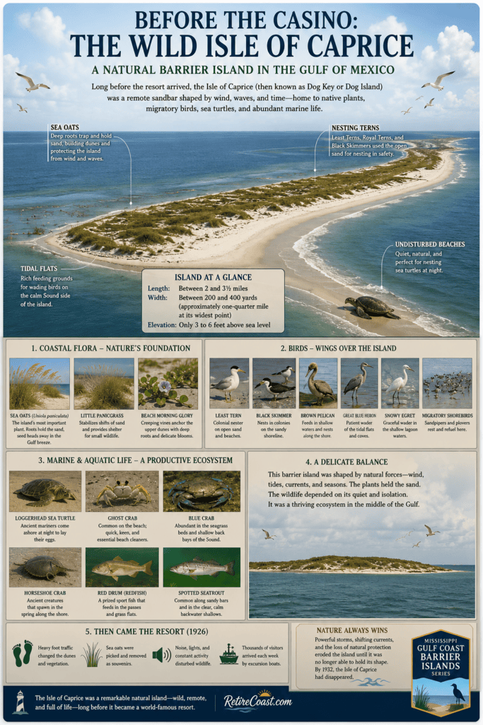 Artist's reconstruction of the Isle of Caprice before development, showing the natural barrier island covered with sea oats, dunes, nesting birds, sea turtles, and coastal wildlife. At its largest, the island measured approximately 2 to 3½ miles long, 200 to 400 yards wide (about one-quarter mile at its widest point), and rose only 3 to 6 feet above sea level.