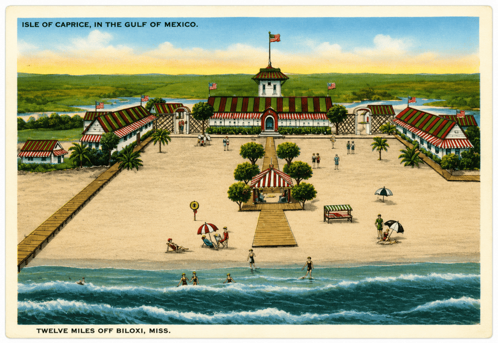 Image of a post card from the Isle of Caprice in the Gulf of Mexico circa 1920's