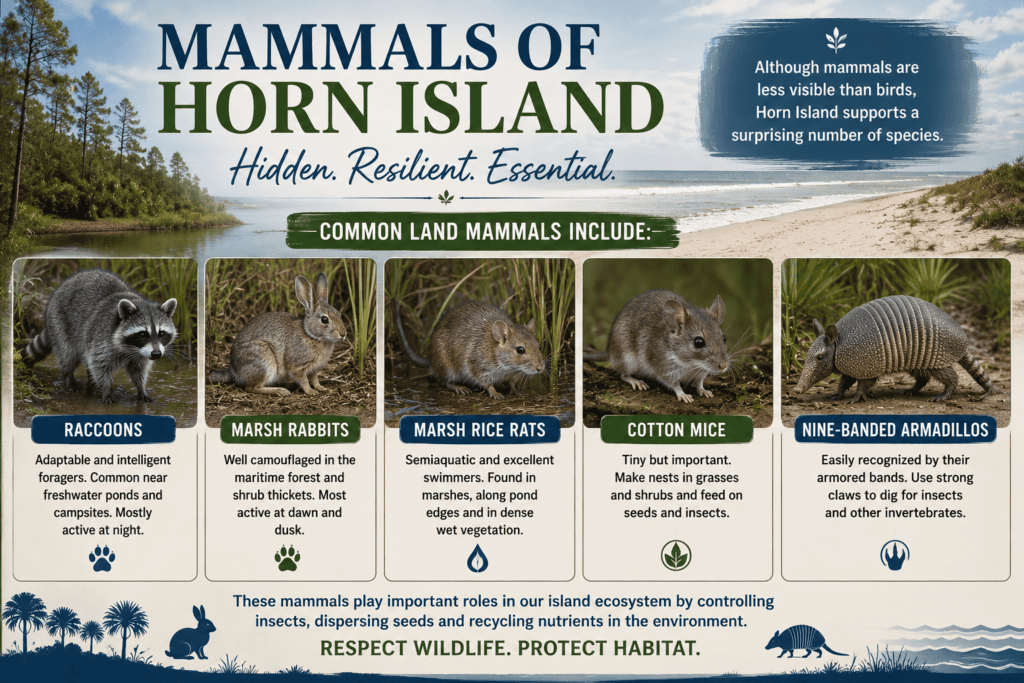 Vertical infographic titled "Mammals of Horn Island" illustrating common land mammals found on Mississippi's Horn Island, including raccoons, marsh rabbits, marsh rice rats, cotton mice, and nine-banded armadillos, with habitat descriptions and information about their roles in the island's coastal ecosystem.