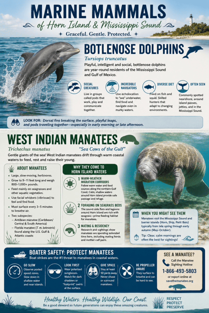 Vertical infographic titled "Marine Mammals of Horn Island & Mississippi Sound" featuring bottlenose dolphins and West Indian manatees with illustrations and educational panels explaining their habitat, behavior, seasonal movements, feeding habits, and safe boating practices in the waters surrounding Mississippi's barrier islands.