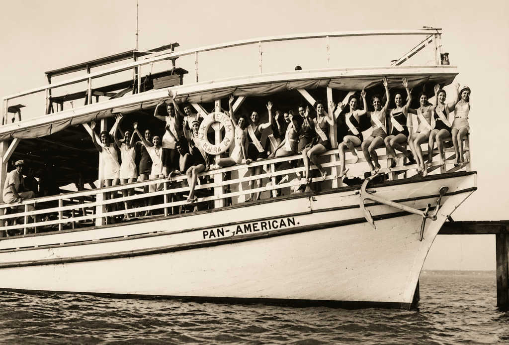 Passengers aboard the Pan-American excursion ferry wave from the upper deck during a trip to the Isle of Caprice off the Mississippi Gulf Coast, circa 1925. The vintage vessel carried visitors from Biloxi to the famous island resort, casino, and beach destination.
