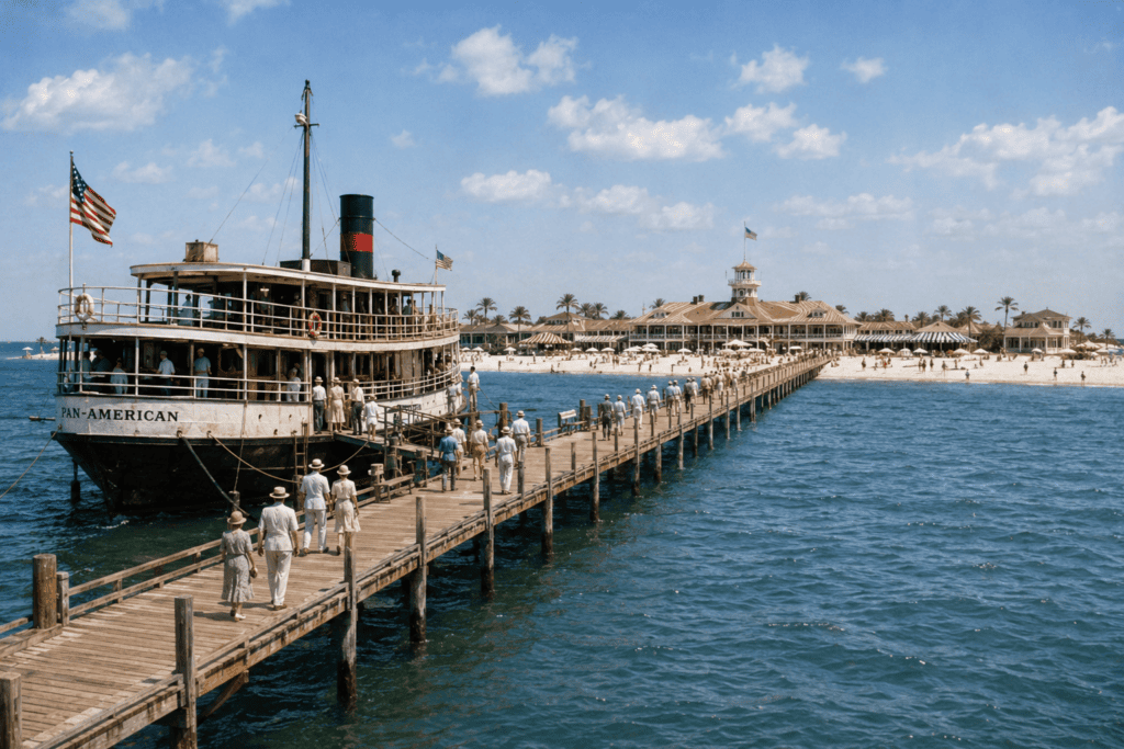 recreation of people getting off of the long pier at the Isle of Caprice