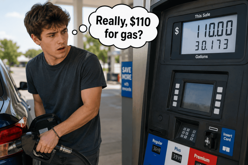 Young man pumping gas into his car while looking in disbelief at a gas pump displaying a $110 fuel purchase, with a thought bubble reading, "Really, $110 for gas?", illustrating how the same fuel price can have a very different financial impact depending on a driver's income and budget.