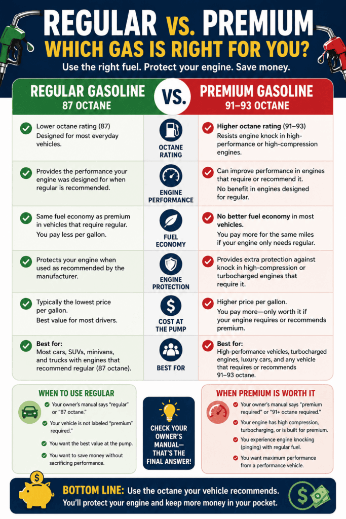 Infographic comparing Regular Gasoline (87 Octane) and Premium Gasoline (91–93 Octane). The graphic explains the differences in octane rating, engine performance, fuel economy, engine protection, cost per gallon, and which vehicles each fuel is best suited for. It emphasizes that regular gasoline is appropriate for most vehicles designed for 87 octane, while premium gasoline is intended for high-compression, turbocharged, or performance engines that require or recommend higher octane fuel. The infographic concludes by advising drivers to follow their owner's manual when choosing fuel.