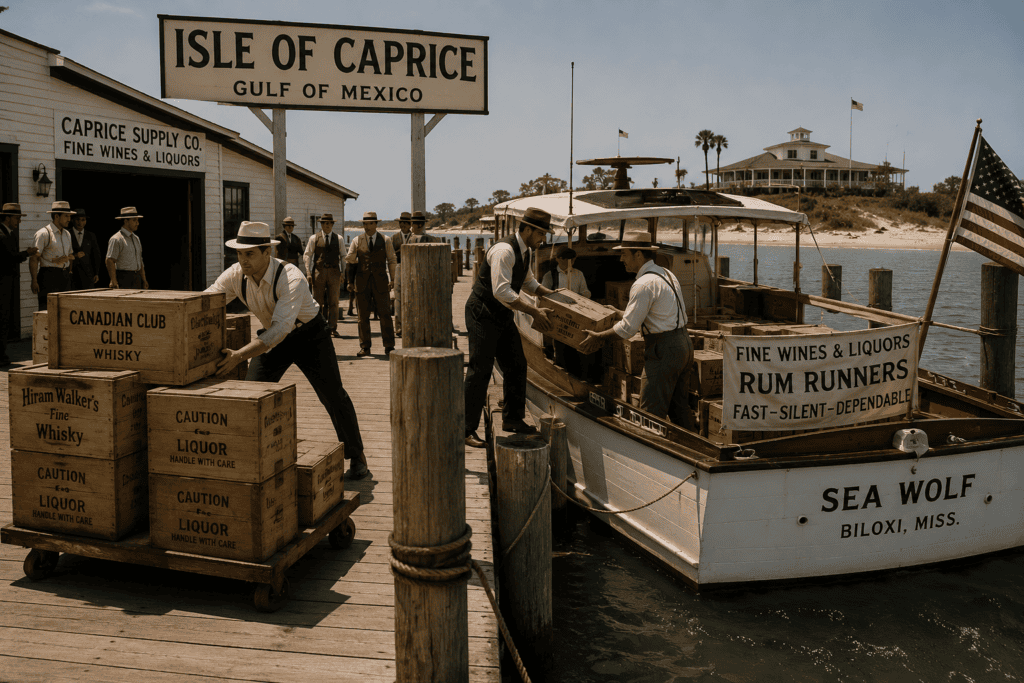 Artist's historical reconstruction of workers unloading wooden crates of liquor from a boat at the Isle of Caprice dock during the Prohibition era. The illustration includes a humorous "Rum Runners" sign to identify the activity for viewers and is not intended to represent an actual historical sign that existed on the island.