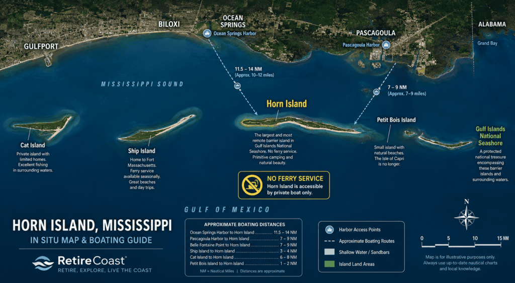 Illustrated satellite-style map of the Mississippi Gulf Coast showing Horn Island, Ship Island, Cat Island, and Petit Bois Island in relation to Gulfport, Biloxi, Ocean Springs, Pascagoula, and Alabama. The infographic highlights approximate boating routes and distances to Horn Island, identifies Gulf Islands National Seashore, notes that there is no ferry service, and includes a north arrow, nautical-mile scale, and harbor access points.