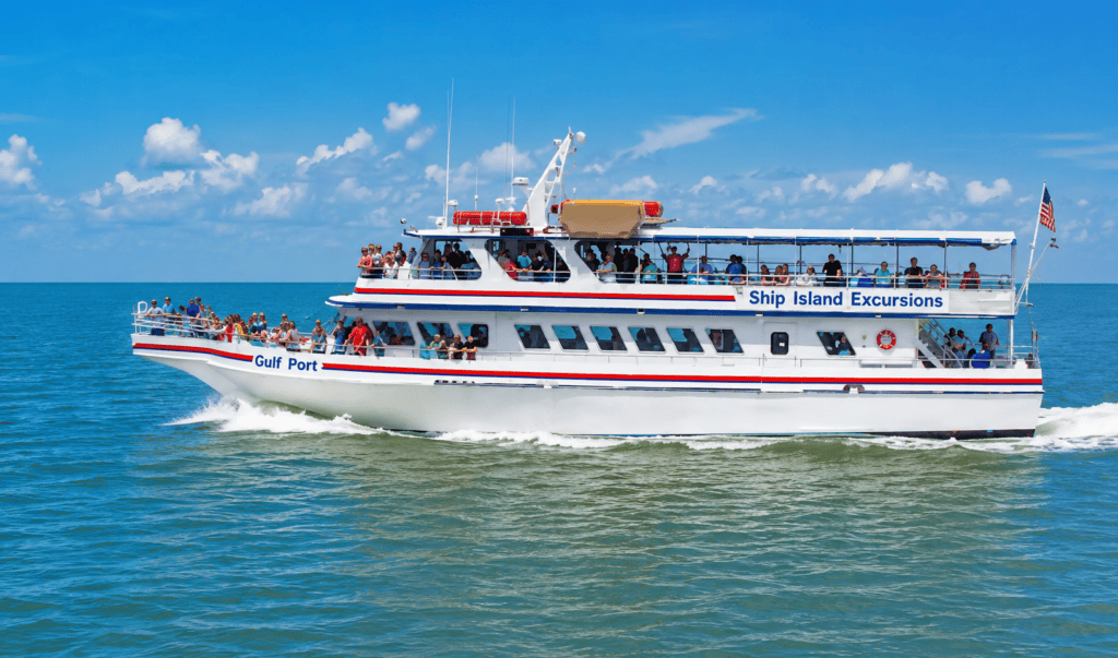Ship Island Excursions ferry carrying visitors across the Mississippi Sound on a bright sunny day en route to Ship Island and historic Fort Massachusetts.
