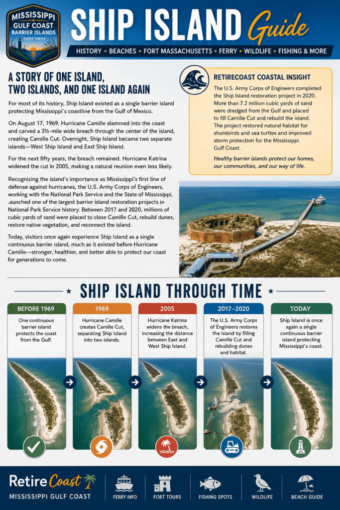 infographic about how ship island has changed over time from one island to two and back to one