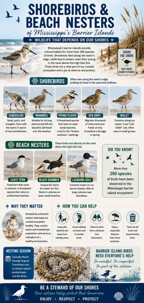 Vertical infographic titled "Shorebirds & Beach Nesters of Mississippi's Barrier Islands" featuring common coastal birds including the Sanderling, Whimbrel, Piping Plover, Red Knot, Willet, Least Tern, Black Skimmer, and Laughing Gull, along with nesting information, bird conservation tips, and guidance for protecting fragile beach habitats.