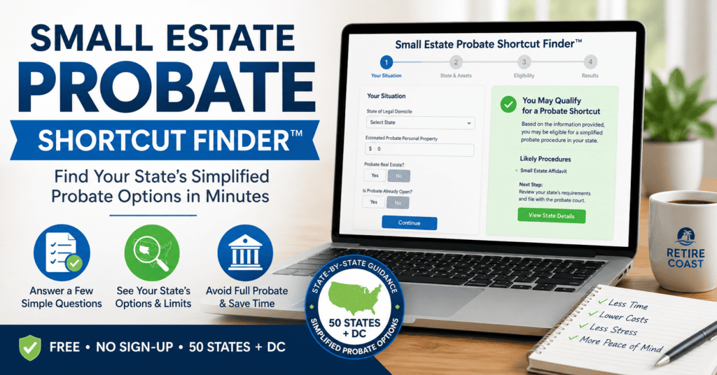 Small Estate Probate Shortcut Finder featured image showing a state-by-state probate screening tool on a laptop with icons highlighting simplified probate options, probate affidavits, and the ability to determine whether an estate may qualify for a small-estate procedure in all 50 states and the District of Columbia.