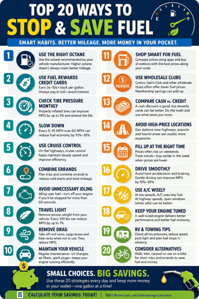 Infographic titled "Top 20 Ways to Save Fuel" featuring twenty practical fuel-saving strategies, including using the correct octane fuel, earning rewards with fuel credit cards, maintaining proper tire pressure, driving at lower highway speeds, using cruise control, combining errands, avoiding unnecessary idling, reducing vehicle weight, removing roof racks, keeping up with vehicle maintenance, comparing fuel prices, buying fuel at warehouse clubs, choosing between cash discounts and rewards cards, avoiding expensive interstate gas stations, filling up strategically, driving smoothly, using air conditioning wisely, maintaining engine performance, improving RV fuel economy, and considering alternatives such as walking, carpooling, or riding an electric bicycle. The infographic concludes by emphasizing that small daily habits can produce significant annual fuel savings.