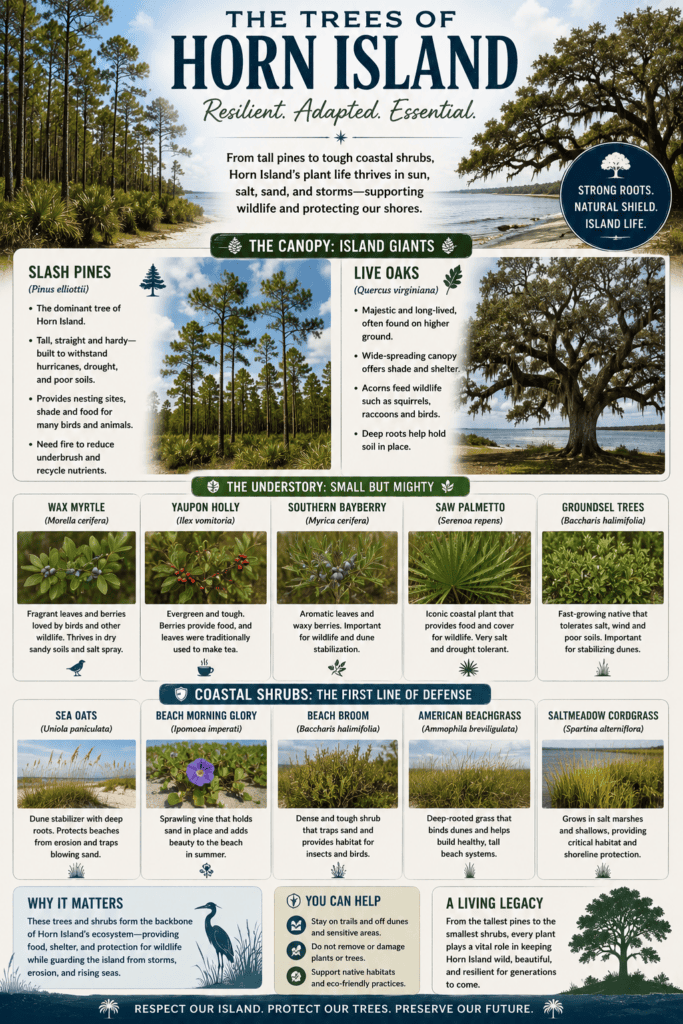 Vertical infographic titled "The Trees of Horn Island" illustrating the island's maritime forest and coastal vegetation, including slash pines, live oaks, understory trees and shrubs such as wax myrtle, yaupon holly, southern bayberry, saw palmetto, and groundsel tree, along with dune plants that help stabilize the barrier island ecosystem.