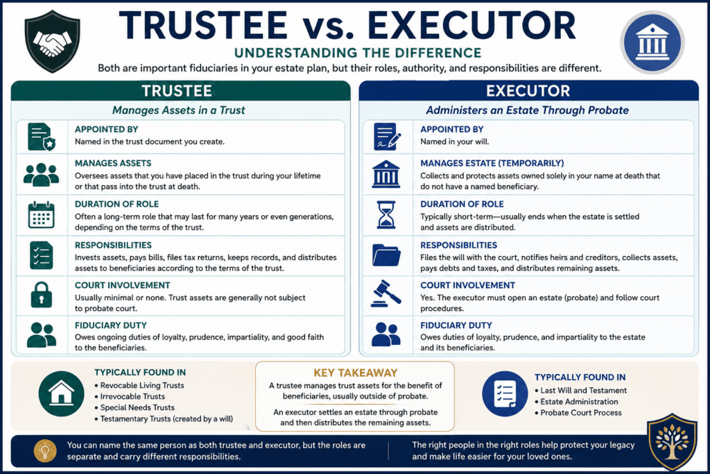Infographic comparing the roles of a trustee and an executor in estate planning, explaining who appoints each, their responsibilities, duration of service, court involvement, fiduciary duties, and the key differences between administering a trust and administering an estate through probate.