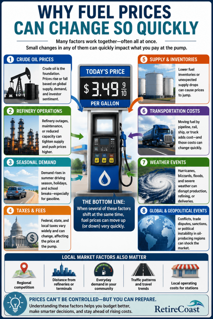 Infographic explaining why fuel prices can change quickly, highlighting the major factors that influence gasoline and diesel prices, including crude oil prices, refinery operations, seasonal demand, taxes and fees, fuel inventories, transportation costs, weather events, geopolitical events, and local market conditions.