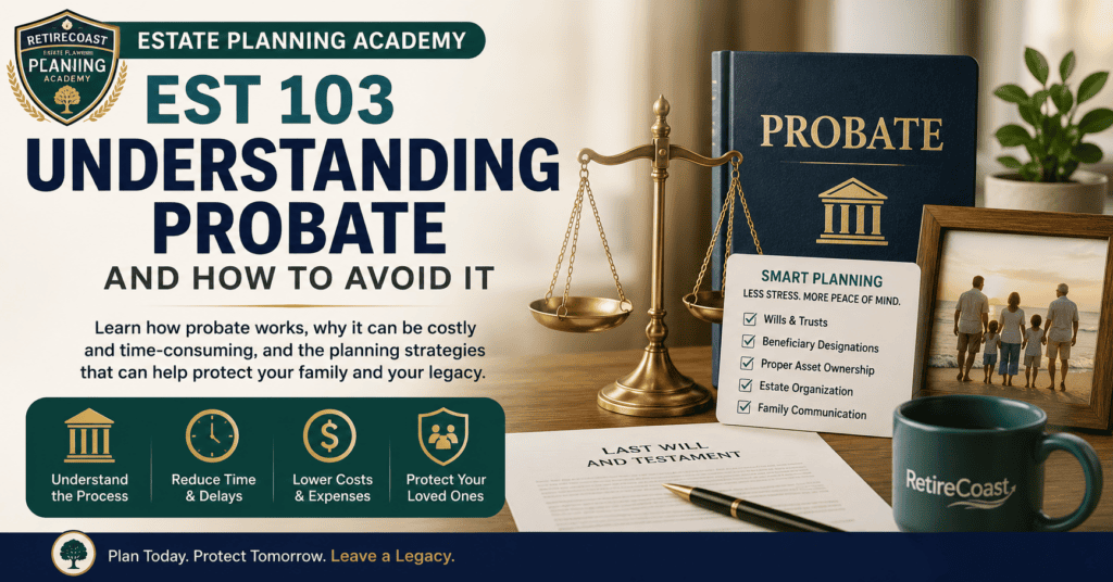 EST 103 – Understanding Probate and How to Avoid It featured image showing the RetireCoast Estate Planning Academy branding with a probate law book, scales of justice, last will and testament, estate planning checklist, and family photograph, illustrating how proper estate planning can help reduce probate delays, costs, and stress for loved ones.