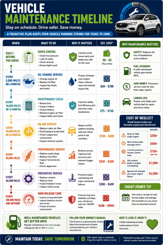 Infographic titled "Vehicle Maintenance Timeline" showing a recommended maintenance schedule from daily inspections through 100,000 miles and beyond. The timeline highlights common service intervals for checking tire pressure, changing engine oil and filters, rotating tires, inspecting brakes, replacing air and cabin filters, servicing transmission and cooling systems, replacing spark plugs and belts, checking suspension components, and performing high-mileage maintenance. The infographic also explains how preventive maintenance improves fuel economy, extends vehicle life, enhances safety, and helps drivers avoid expensive repairs.