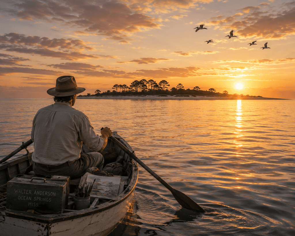 image of walter anderson rowing to Horn island