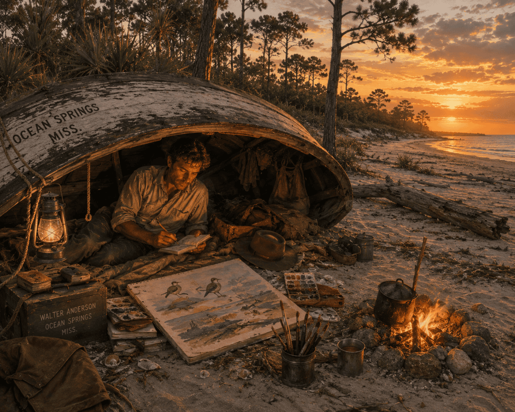 Walter Anderson living in a tent on Horn Island