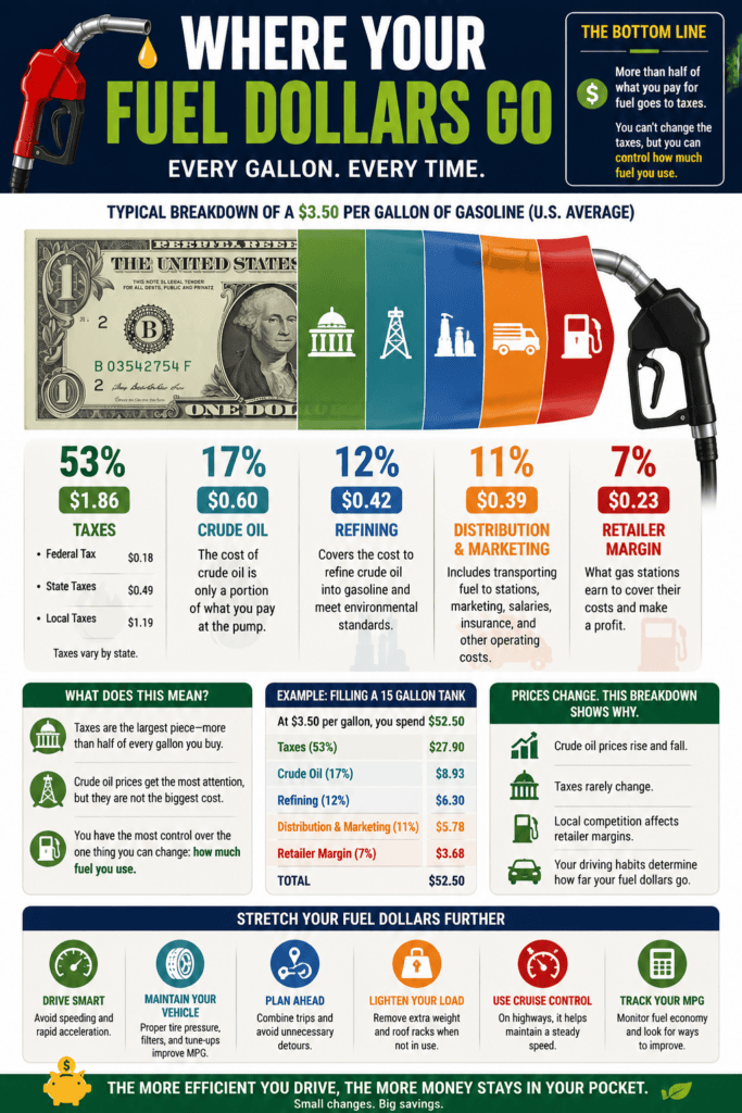 Infographic titled "Where Your Fuel Dollars Go" illustrating the typical cost components of a gallon of gasoline. The graphic explains that the pump price is made up of crude oil costs, refining, transportation and distribution, federal and state taxes, and the retailer's operating costs and profit margin. It also demonstrates how these costs contribute to the total price of filling a vehicle's fuel tank and emphasizes that while drivers cannot control global oil prices or fuel taxes, they can reduce their overall fuel expenses by driving more efficiently and using fuel-saving strategies.