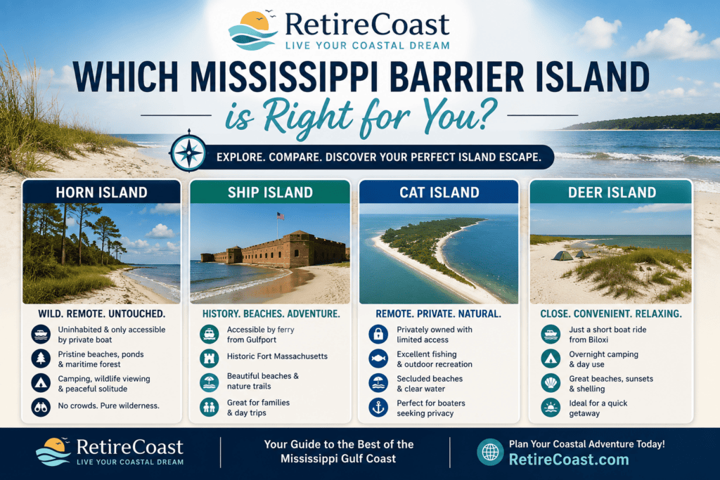 Panoramic RetireCoast hero banner for the Mississippi Barrier Island Quiz featuring a pristine Gulf Coast barrier island with white sand beaches, turquoise water, a boat approaching shore, beachgoers, and the title "Which Mississippi Barrier Island Is Right for You?" inviting visitors to discover whether Horn Island, Ship Island, Deer Island, or Cat Island best matches their coastal adventure.