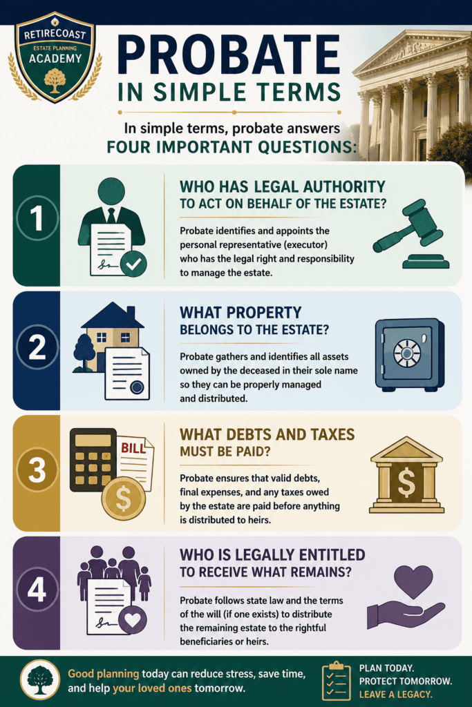 Infographic titled "Probate in Simple Terms" explaining the four fundamental questions answered during probate: who has legal authority to administer the estate, what property belongs to the estate, what debts and taxes must be paid, and who is legally entitled to receive the remaining assets.